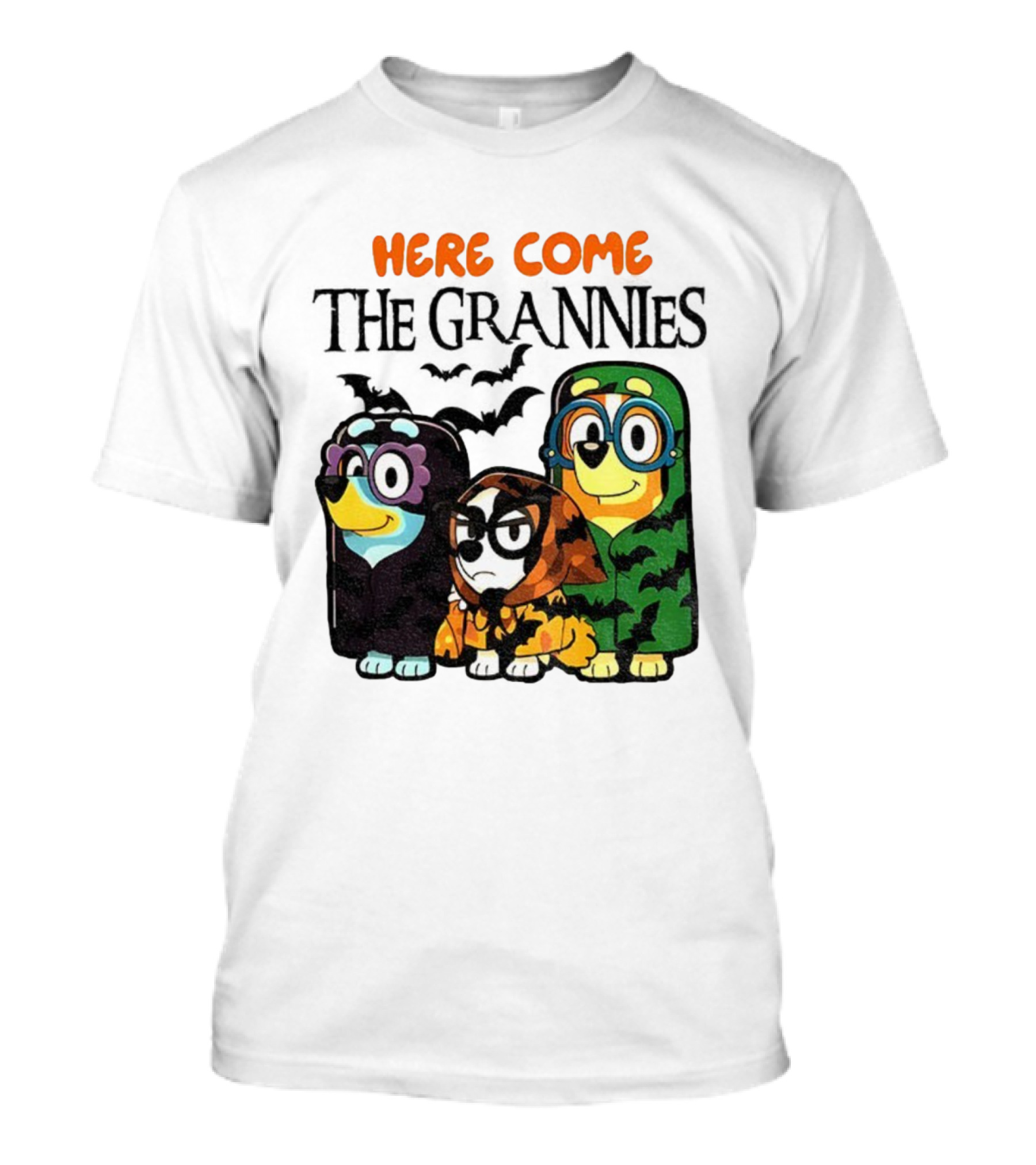 Here Come The Grannies Halloween Blue Dog Characters In Costumes T-Shirt