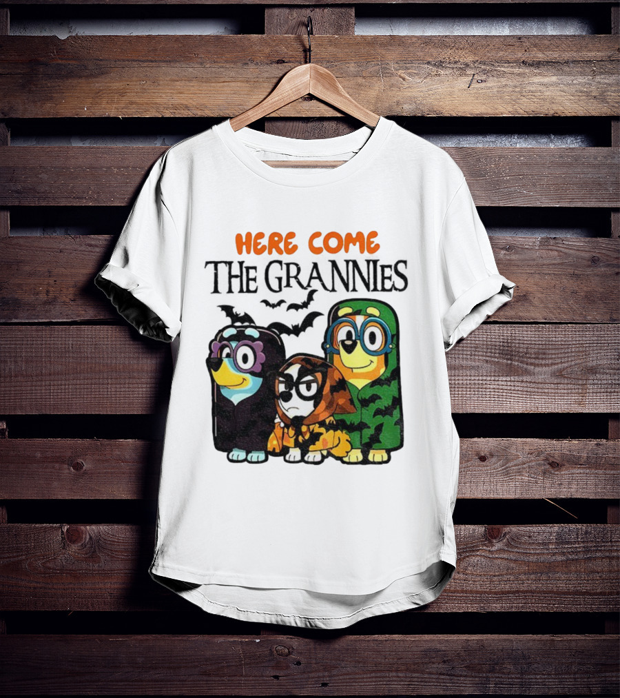 Here Come The Grannies Halloween Blue Dog Characters In Costumes T-Shirt