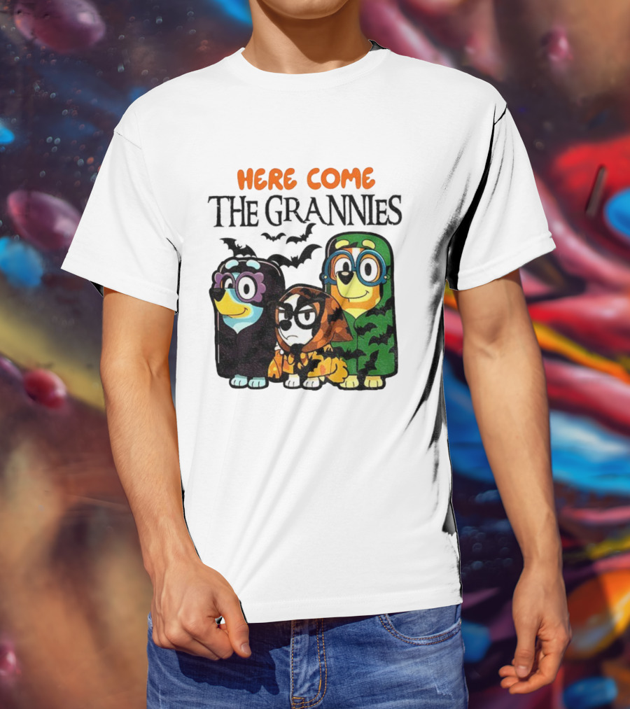 Here Come The Grannies Halloween Blue Dog Characters In Costumes T-Shirt