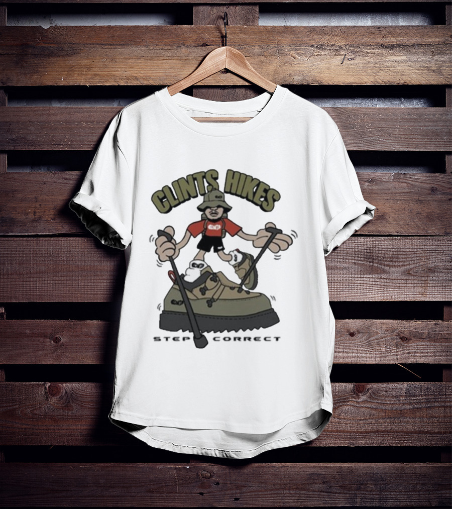CLINTS HIKES Cartoon Hiker With Walking Sticks And Boots T-Shirt