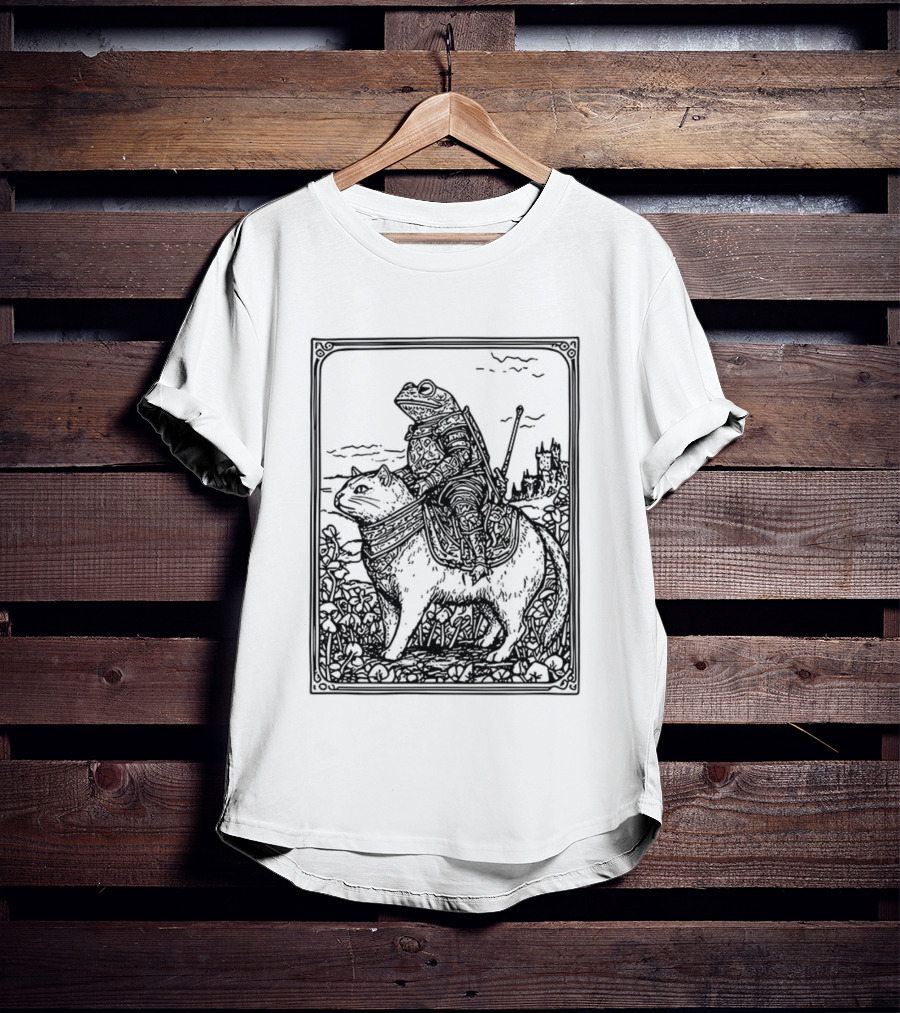 Medieval Frog Knight Riding A Cat In Armor Scene T-Shirt