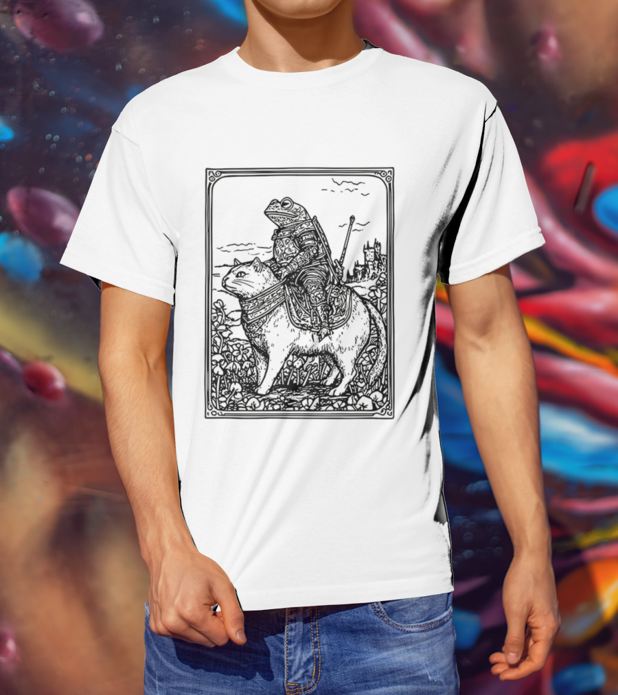 Medieval Frog Knight Riding A Cat In Armor Scene T-Shirt