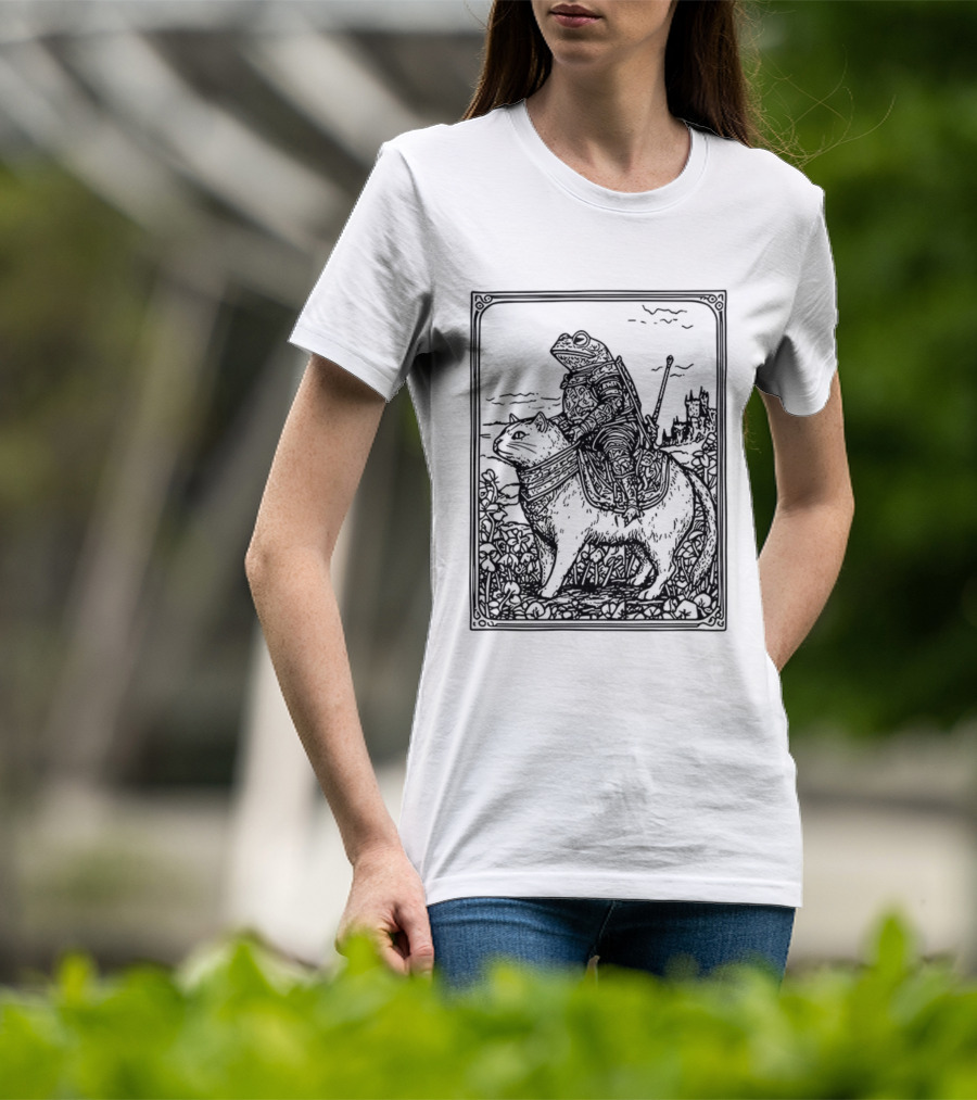 Medieval Frog Knight Riding A Cat In Armor Scene T-Shirt