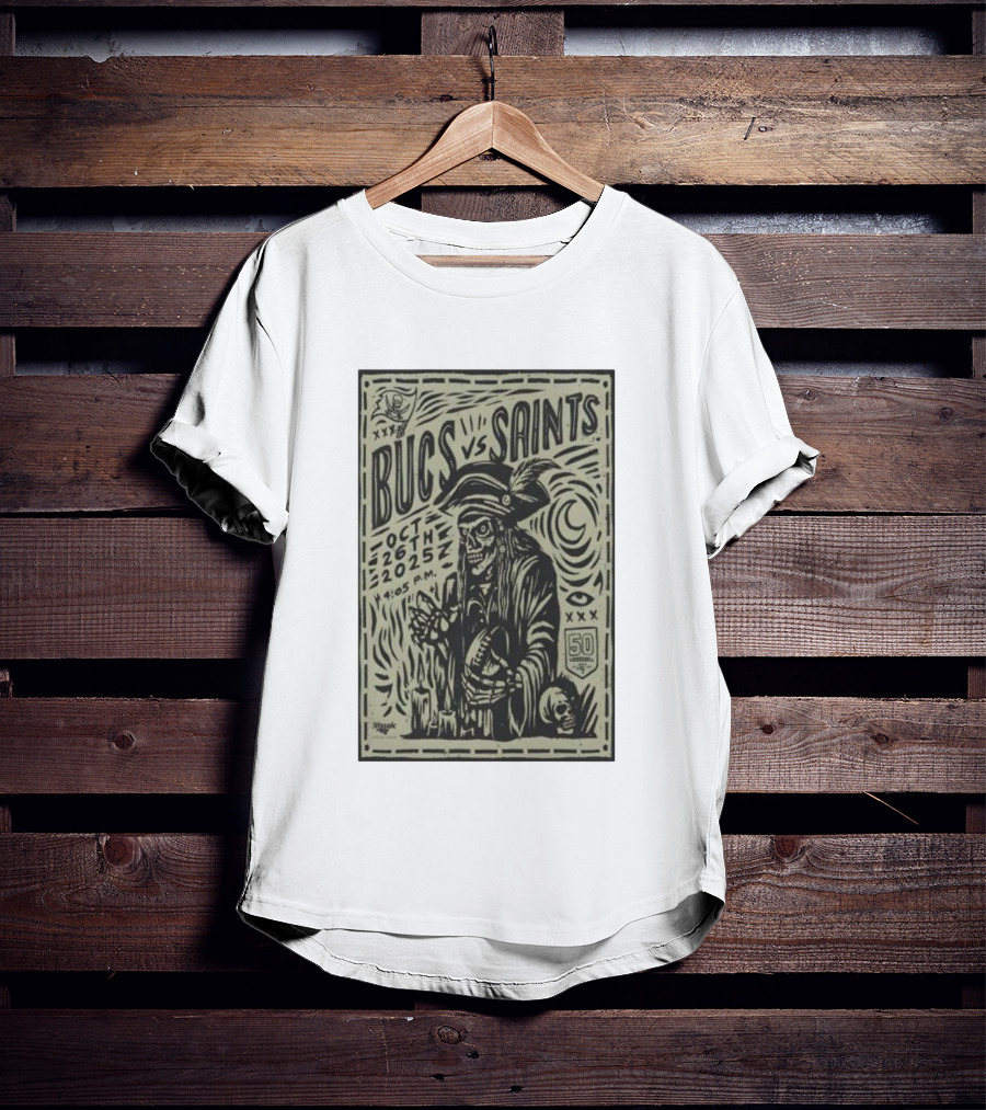 Bucs Vs Saints October 26 2025 4:05 P.M. 50 Seasons Pirate Skull Linocut T-Shirt