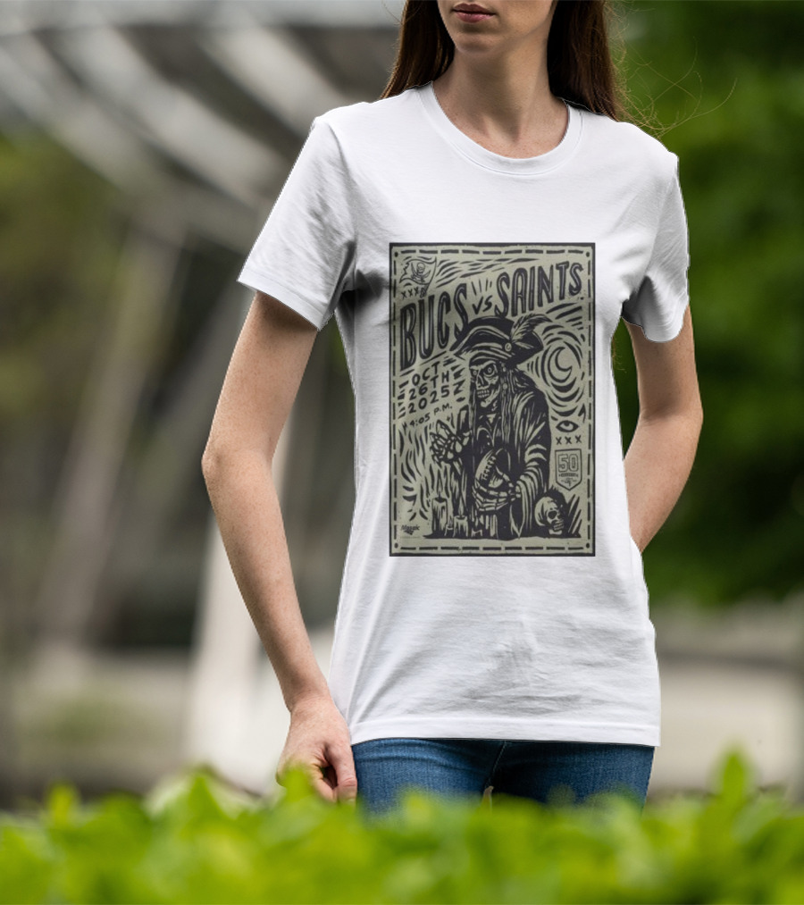 Bucs Vs Saints October 26 2025 4:05 P.M. 50 Seasons Pirate Skull Linocut T-Shirt