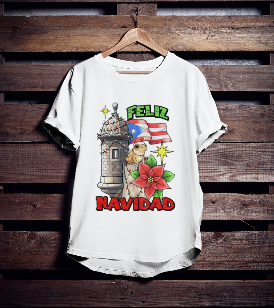 Puerto Rican Christmas Coqui Feliz Navidad Flag Poinsettia Lights T-Shirt