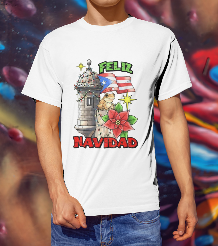 Puerto Rican Christmas Coqui Feliz Navidad Flag Poinsettia Lights T-Shirt
