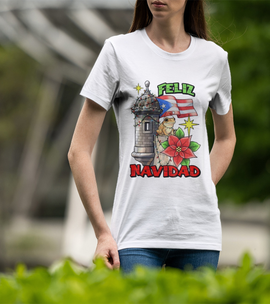 Puerto Rican Christmas Coqui Feliz Navidad Flag Poinsettia Lights T-Shirt