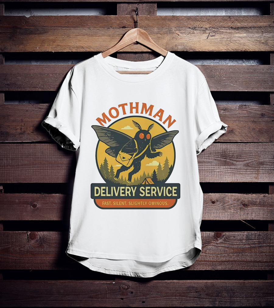 Mothman Delivery Service Fast Silent Slightly Ominous Retro Forest Imagery T-Shirt