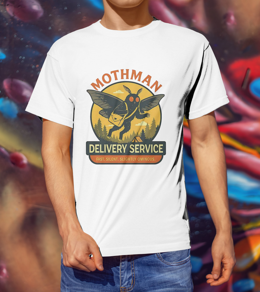 Mothman Delivery Service Fast Silent Slightly Ominous Retro Forest Imagery T-Shirt