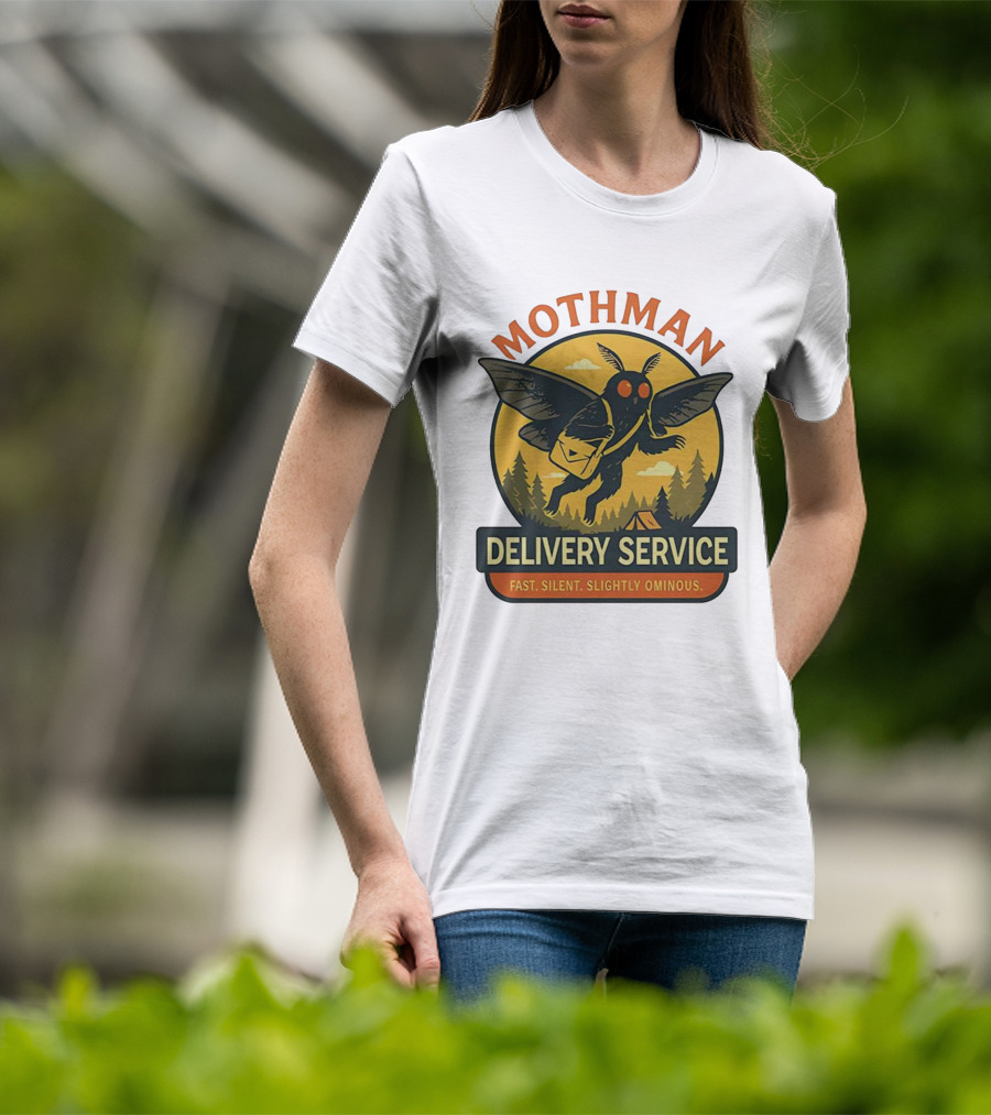 Mothman Delivery Service Fast Silent Slightly Ominous Retro Forest Imagery T-Shirt
