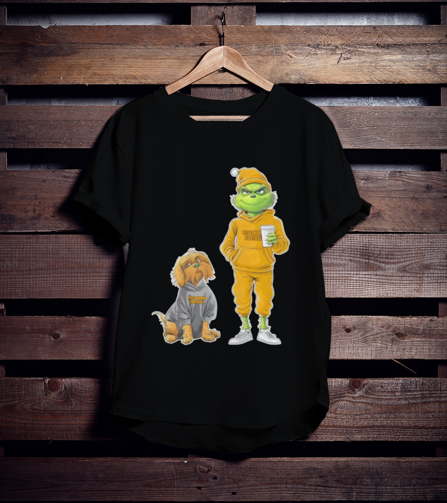 Pittsburgh Football Green Monster Grinch And Dog Christmas T-Shirt
