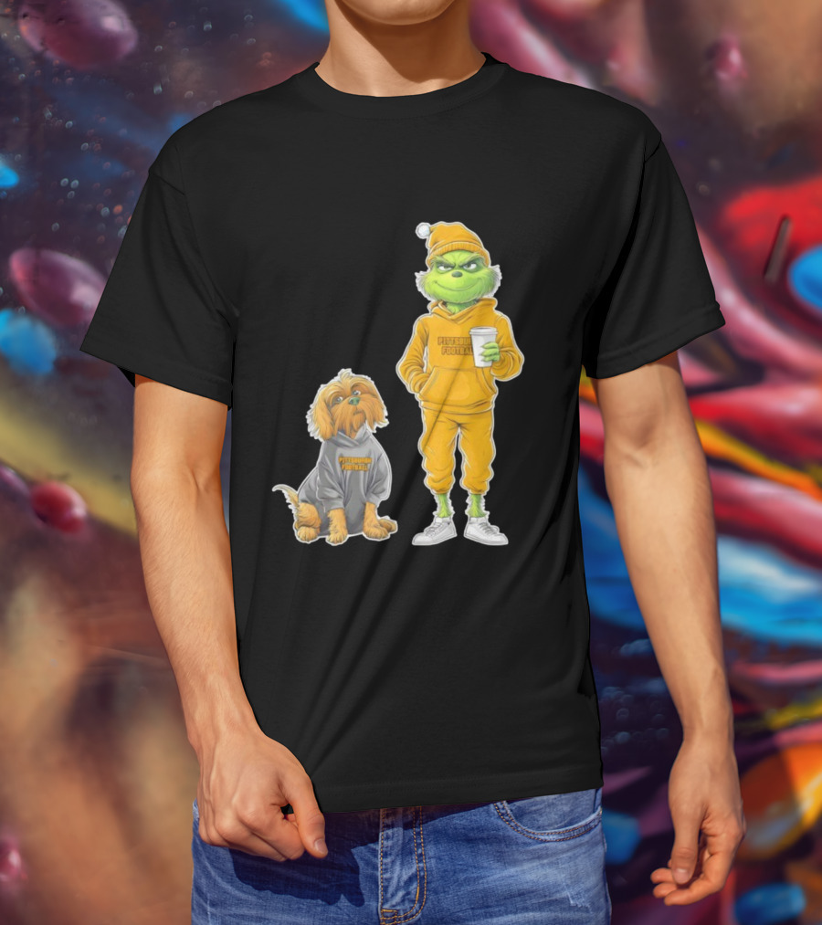 Pittsburgh Football Green Monster Grinch And Dog Christmas T-Shirt