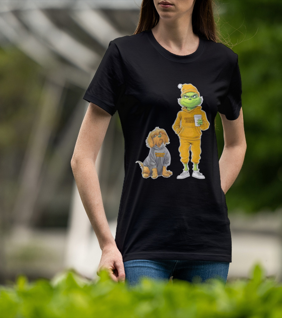 Pittsburgh Football Green Monster Grinch And Dog Christmas T-Shirt