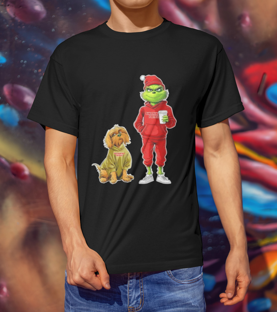 San Francisco Football Grinch And Dog Christmas 49ers Holiday T-Shirt