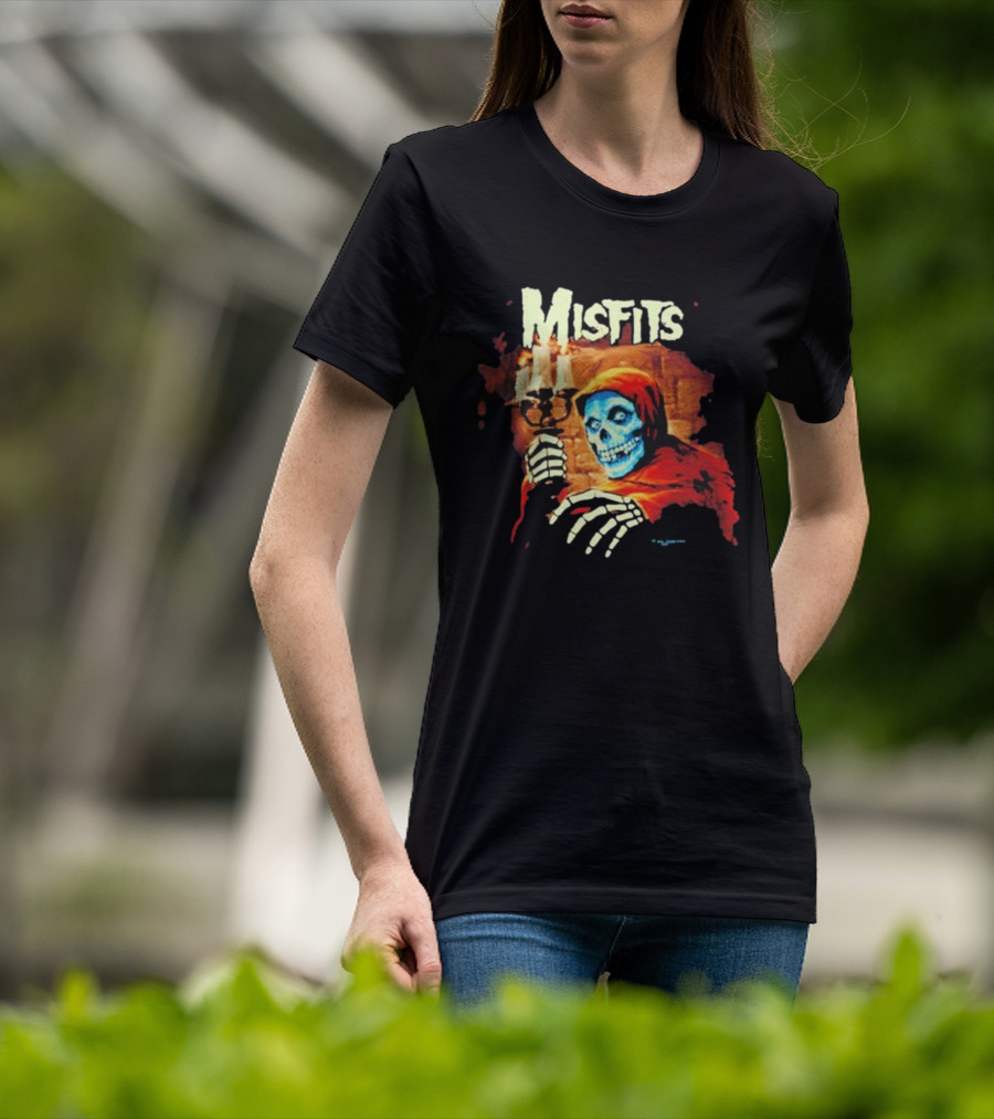 Misfits Candle Holding Skeleton In Red Hood T-Shirt