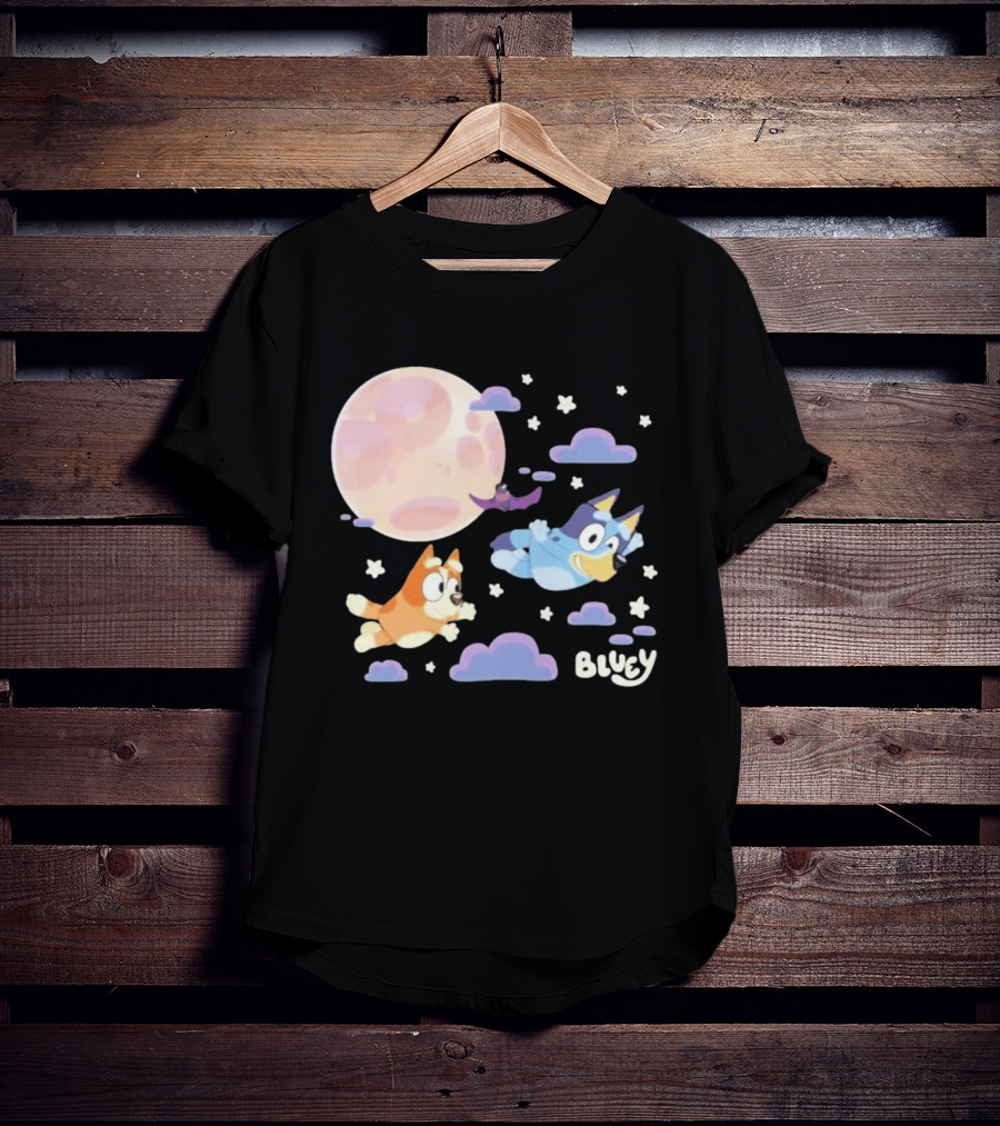 Bluey Sleepy Time Characters Flying With Moon And Stars T-Shirt
