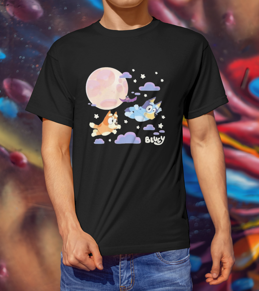 Bluey Sleepy Time Characters Flying With Moon And Stars T-Shirt