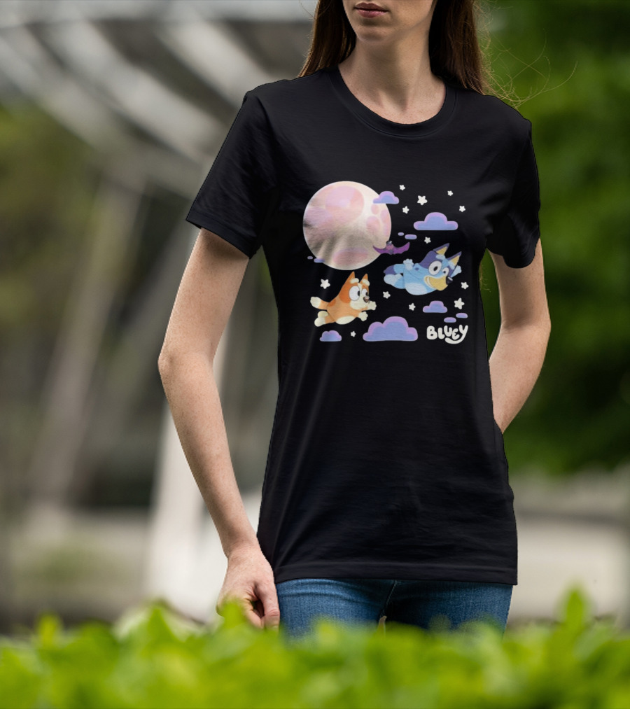 Bluey Sleepy Time Characters Flying With Moon And Stars T-Shirt