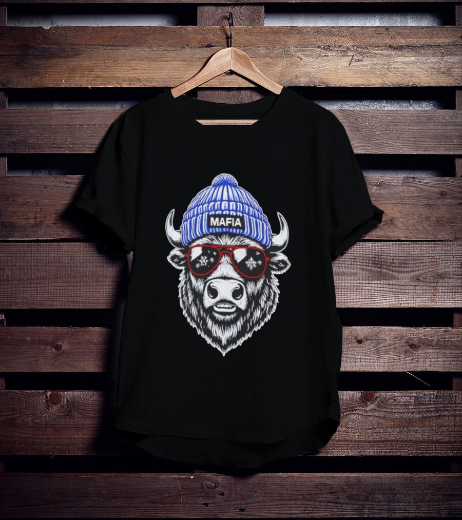 Buffalo Bills Mafia Winter Holiday Snowflake Sunglasses Knitted Hat Football Game Day T-Shirt