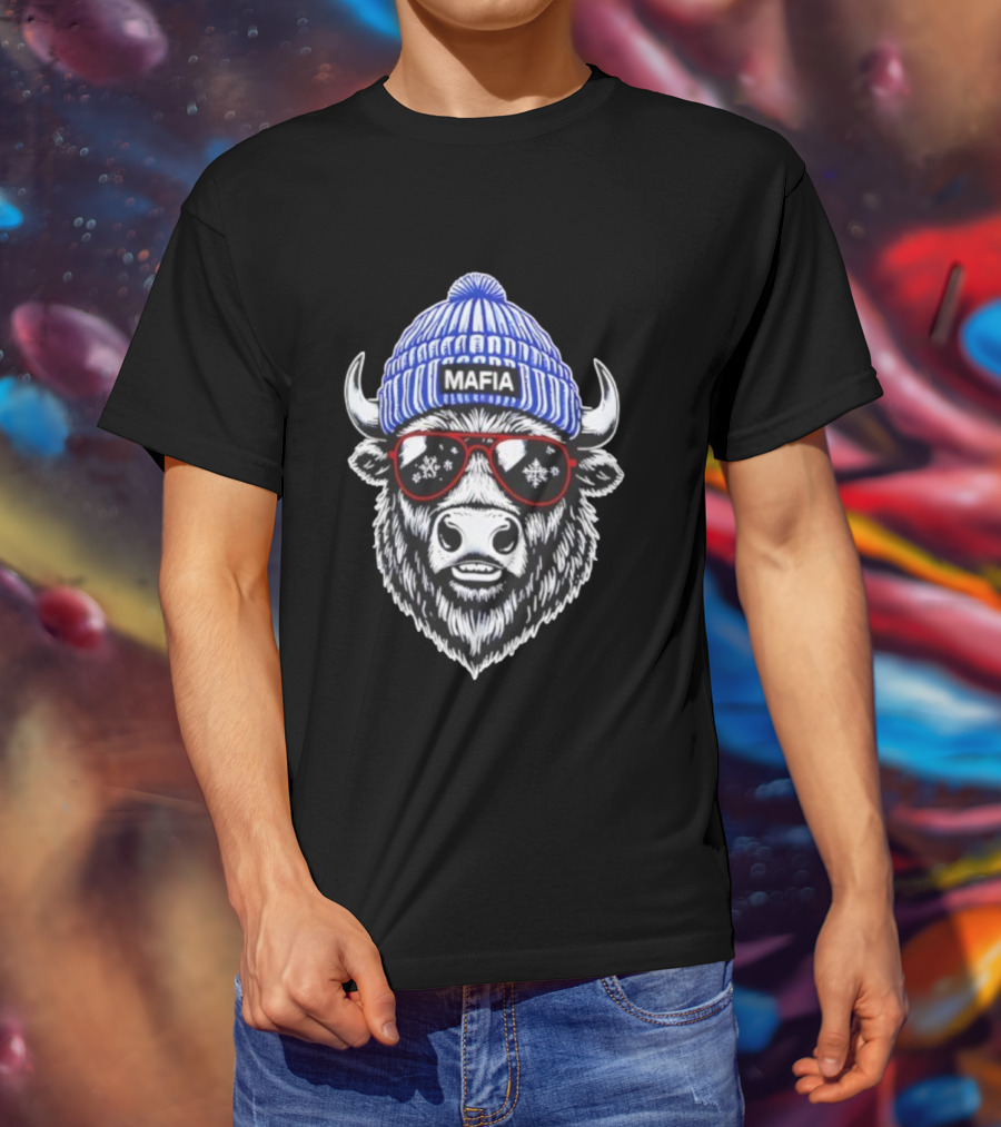 Buffalo Bills Mafia Winter Holiday Snowflake Sunglasses Knitted Hat Football Game Day T-Shirt