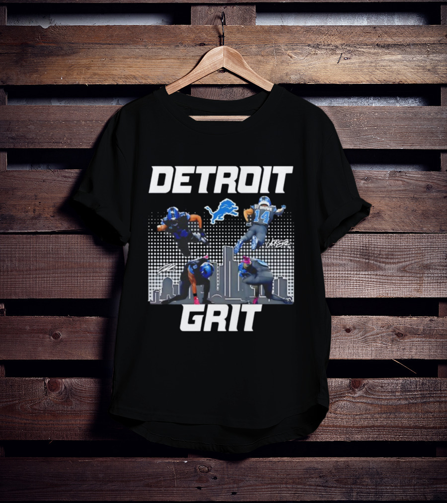 Detroit Grit Super Heroes Lions Skyline Football签名 T-Shirt