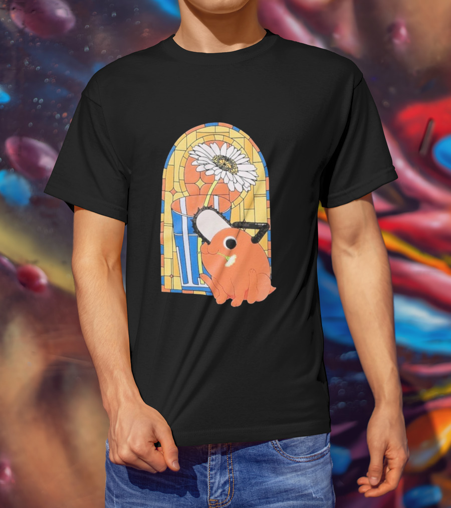 Chainsaw Man Pochita Stained Glass Flower And Chainsaw T-Shirt