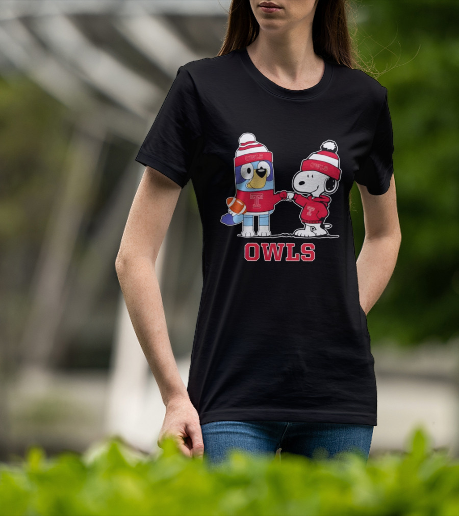 Snoopy Bluey Temple Owls Football Collaboration T-Shirt