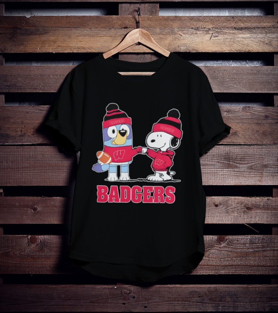 Snoopy Bluey Wisconsin Badgers Football Collaboration Fist Bump T-Shirt