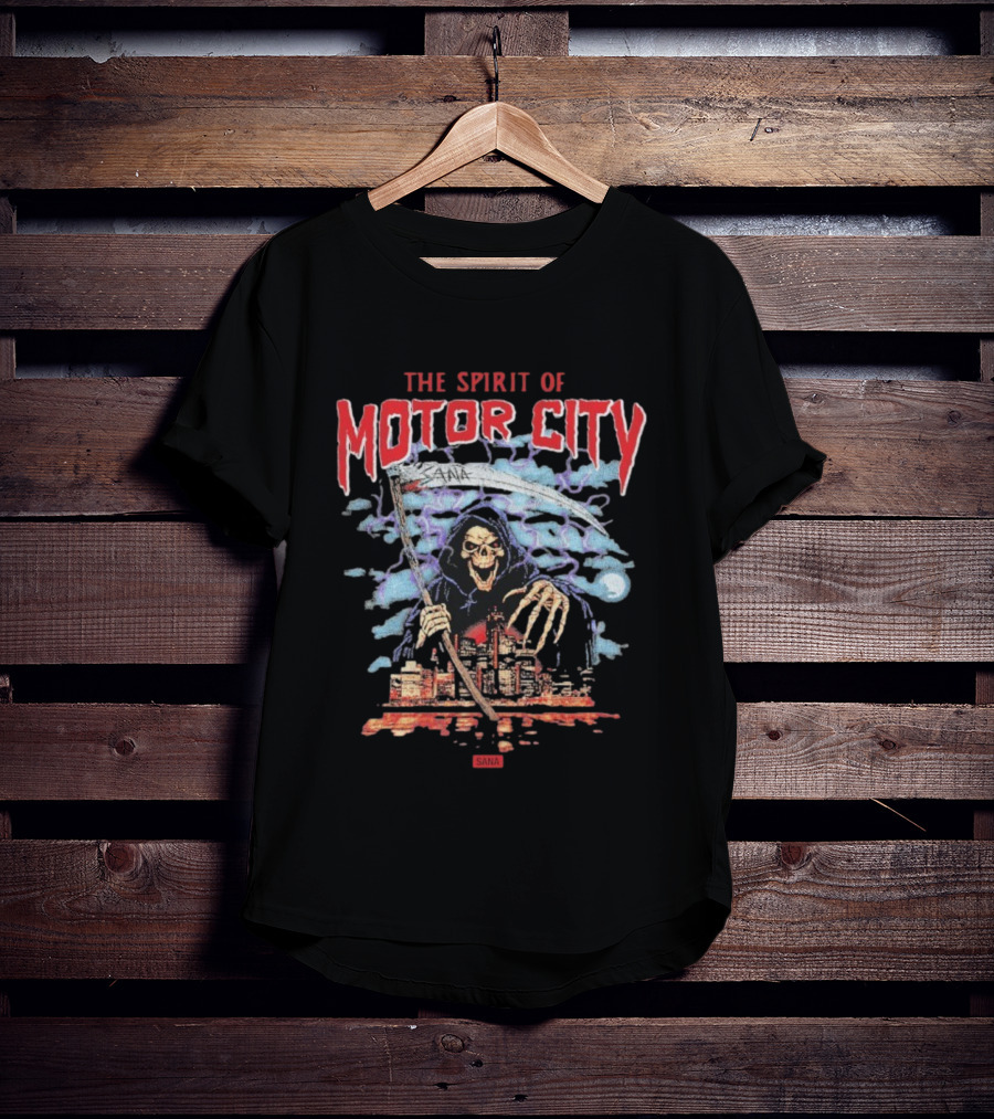 The Spirit Of Motor City Sana Grim Reaper Halloween Skeleton Scythe Urban Cityscape T-Shirt
