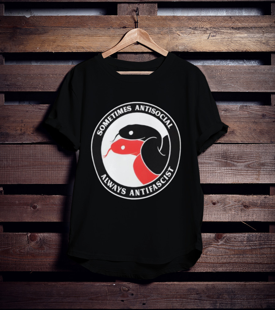 Sometimes Antisocial Always Antifascist Snakes Circle Logo Two Snakes Black And Red T-Shirt