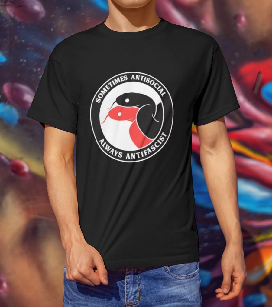 Sometimes Antisocial Always Antifascist Snakes Circle Logo Two Snakes Black And Red T-Shirt