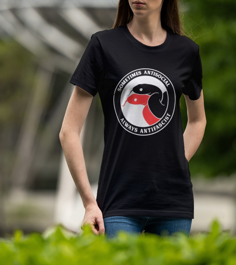 Sometimes Antisocial Always Antifascist Snakes Circle Logo Two Snakes Black And Red T-Shirt