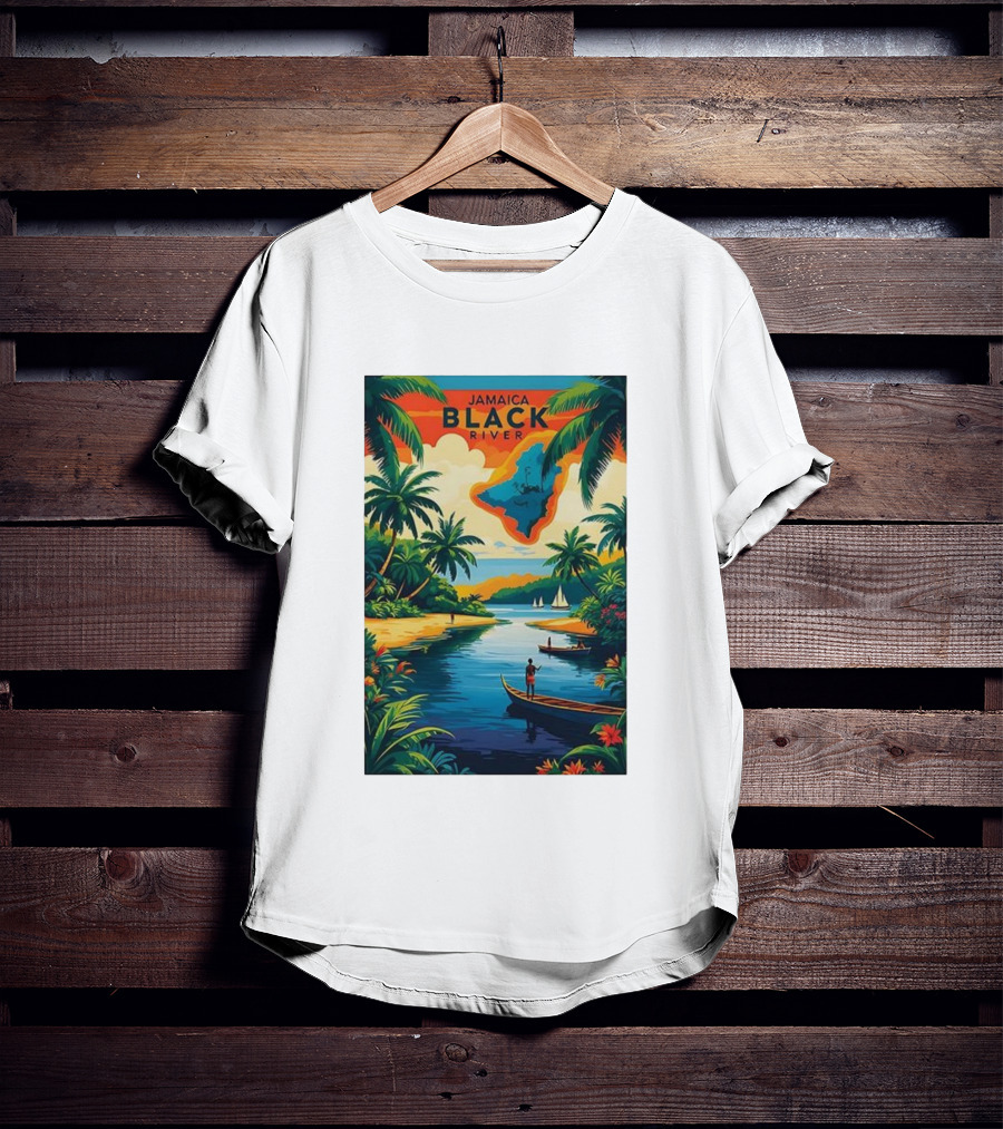 Jamaica Black River Vintage Travel Tropical Scenery With Palm Trees And Boats T-Shirt