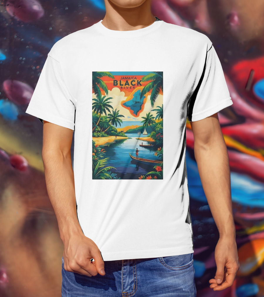 Jamaica Black River Vintage Travel Tropical Scenery With Palm Trees And Boats T-Shirt