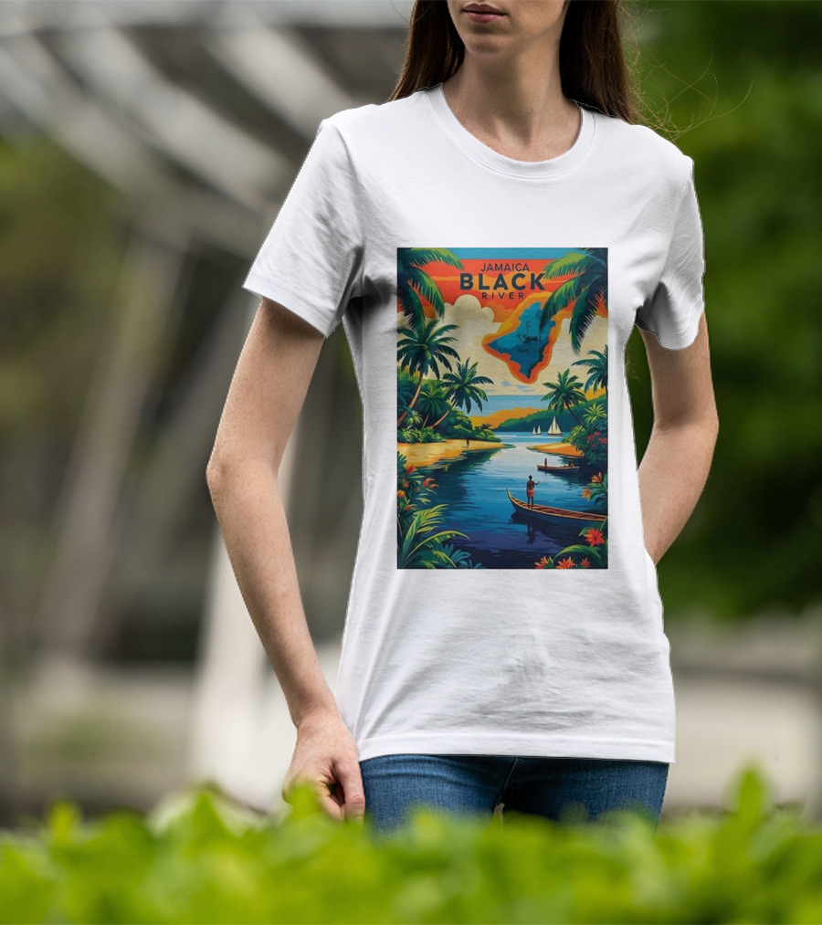 Jamaica Black River Vintage Travel Tropical Scenery With Palm Trees And Boats T-Shirt