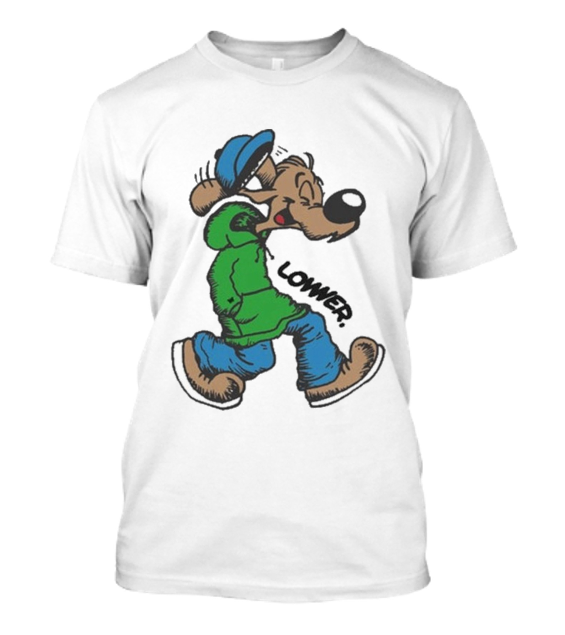 Lower Billie Hood Walkin Cartoon Character In Green And Blue Cap T-Shirt