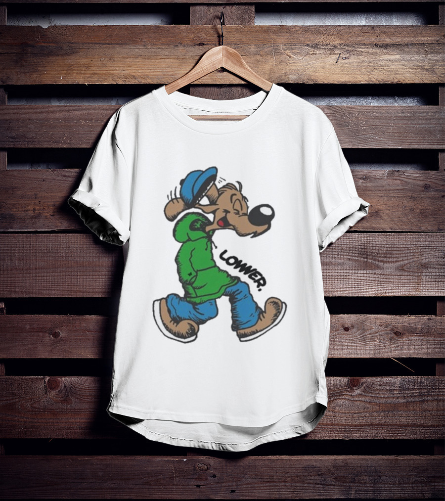 Lower Billie Hood Walkin Cartoon Character In Green And Blue Cap T-Shirt