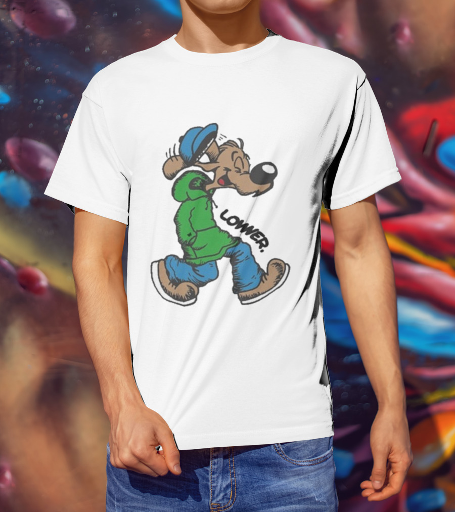 Lower Billie Hood Walkin Cartoon Character In Green And Blue Cap T-Shirt