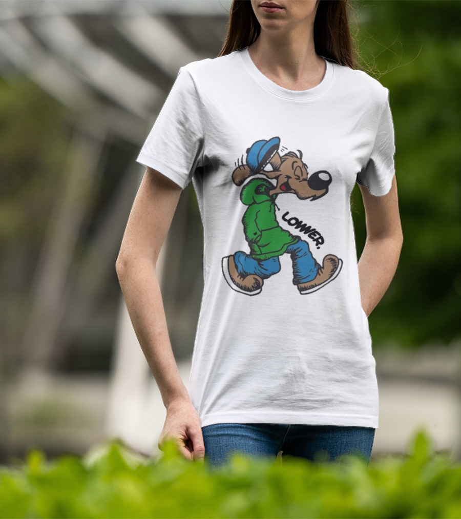 Lower Billie Hood Walkin Cartoon Character In Green And Blue Cap T-Shirt
