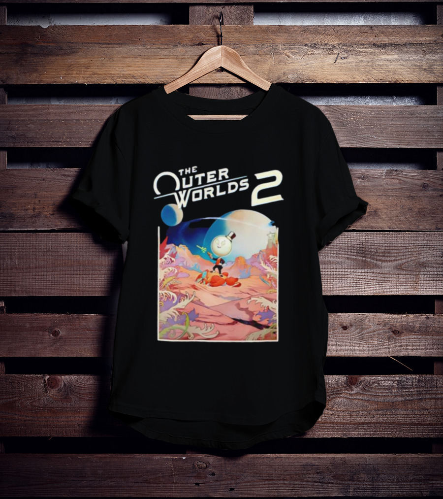 The Outer Worlds 2 Surreal Landscape With Cartoon Character T-Shirt