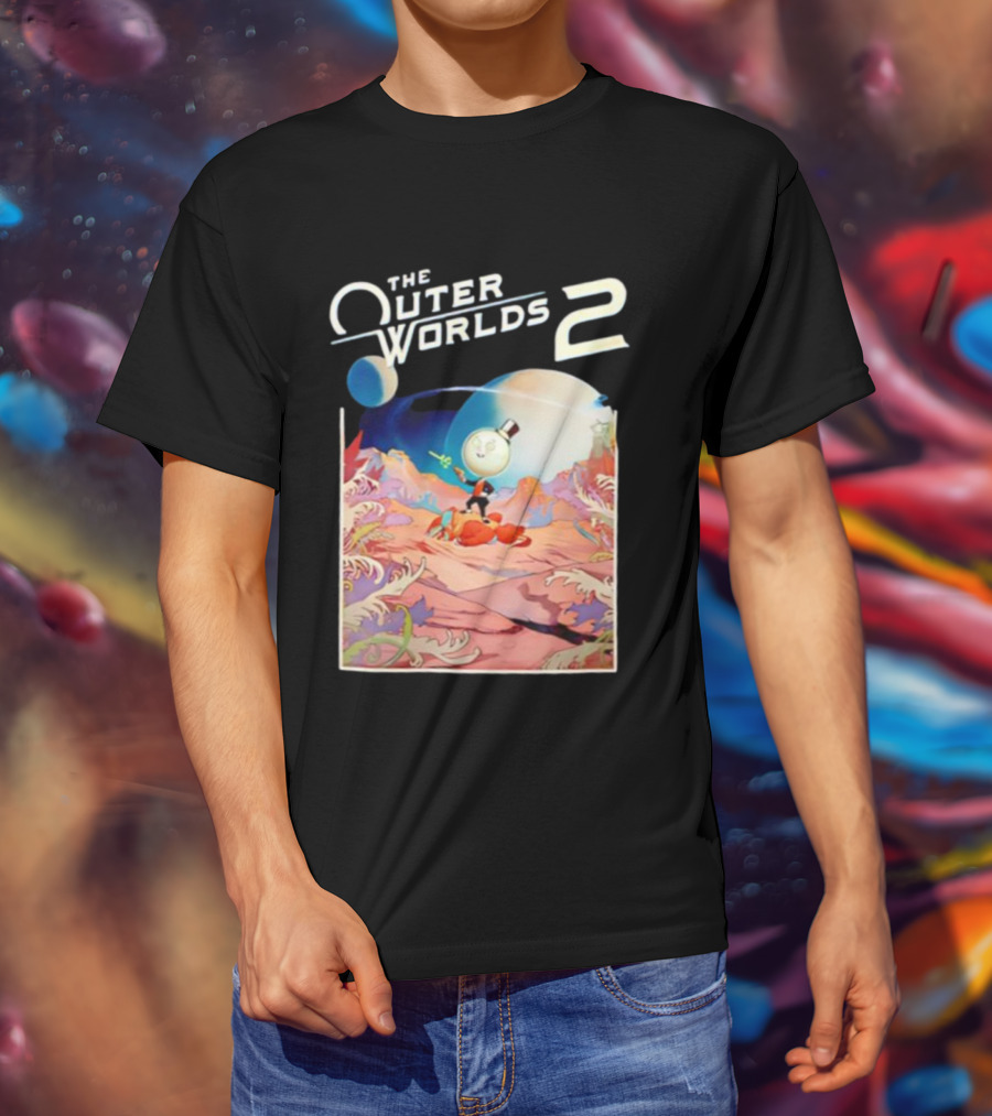The Outer Worlds 2 Surreal Landscape With Cartoon Character T-Shirt