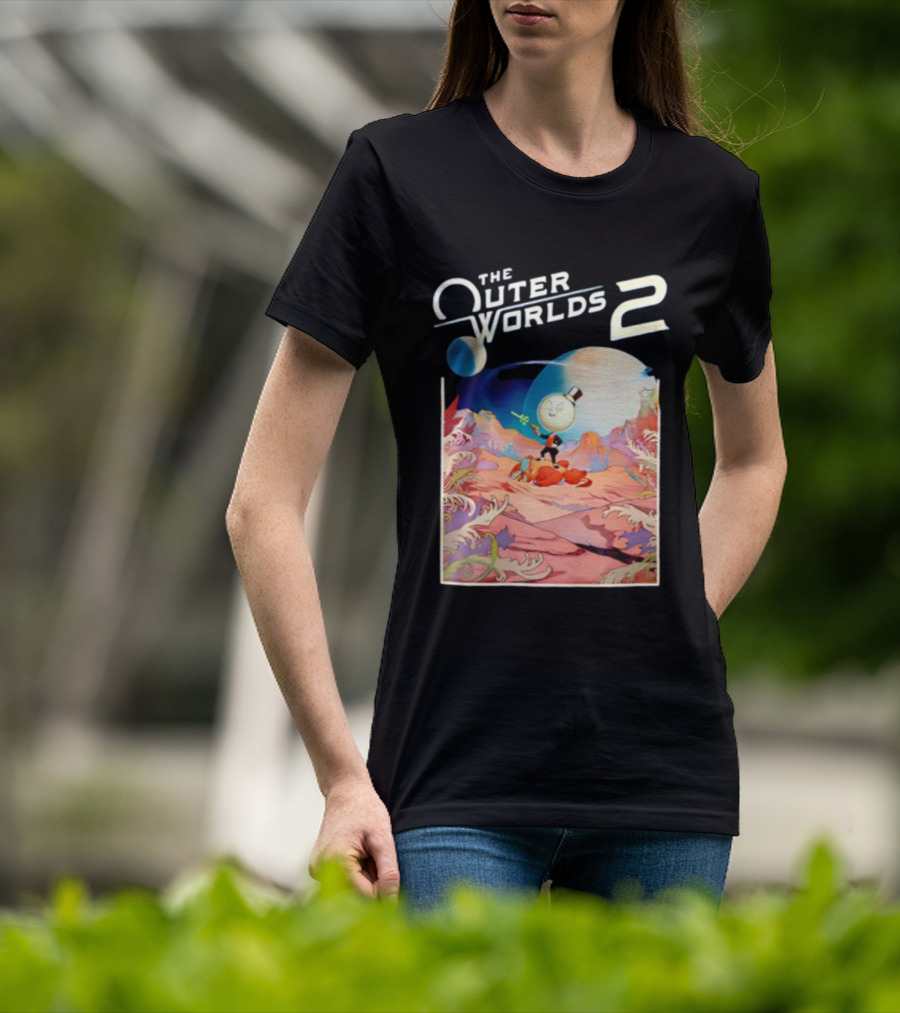 The Outer Worlds 2 Surreal Landscape With Cartoon Character T-Shirt