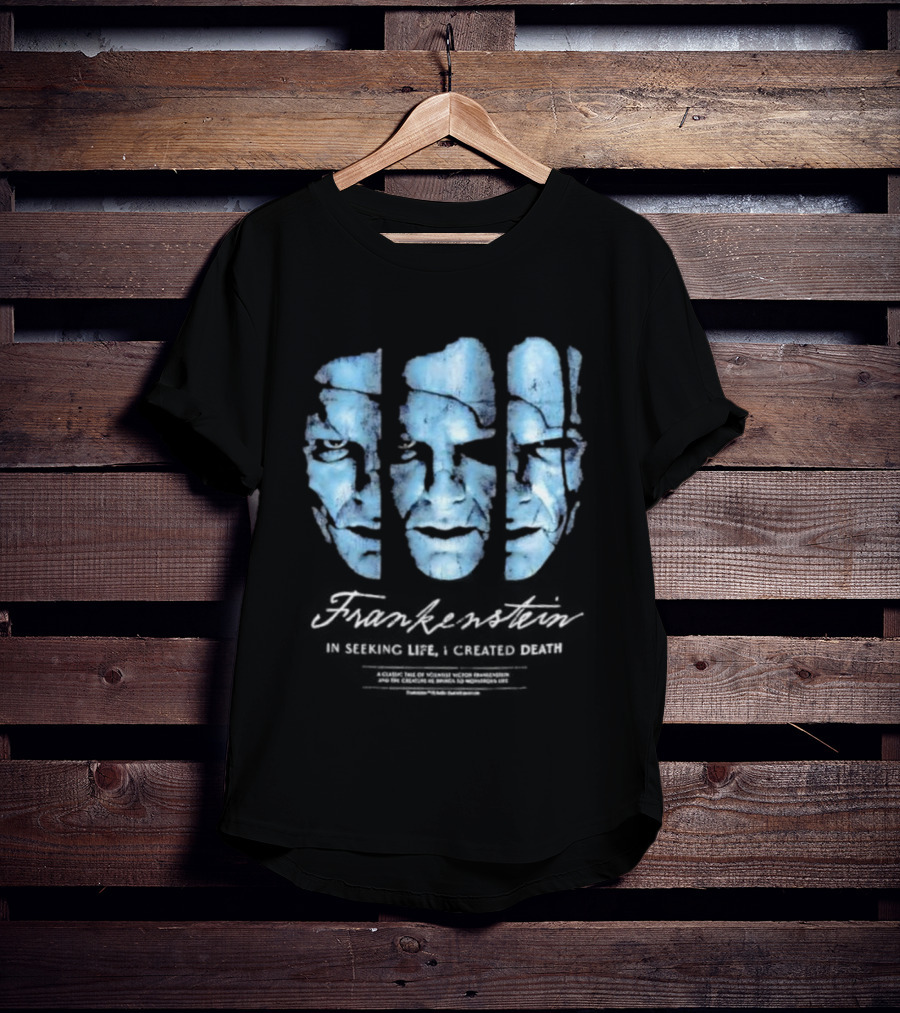 Frankenstein The Creature Seeking Life Created Death Split Face Design T-Shirt
