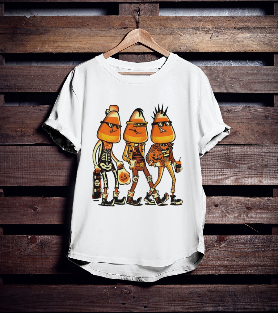 Candy Corn Punk Rock Skeleton Pumpkin Halloween Characters T-Shirt