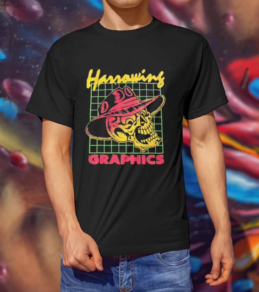 Harrowing Skull Cowboy Hat Graphics Retro Neon Style T-Shirt
