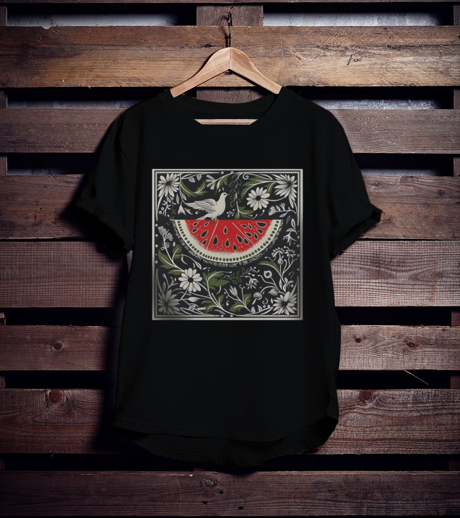Watermelon Slice Dove Floral Pattern Palestine Solidarity T-Shirt