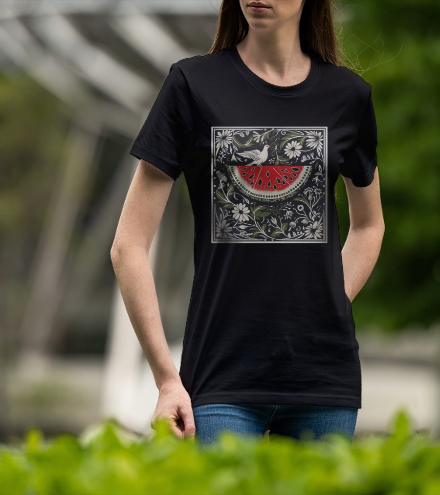 Watermelon Slice Dove Floral Pattern Palestine Solidarity T-Shirt