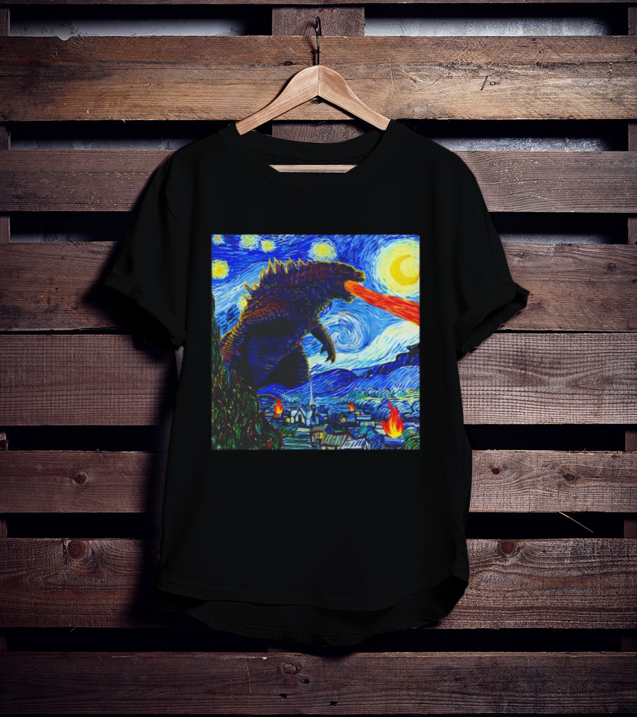 Godzilla Van Gogh Starry Night Mashup Scene T-Shirt