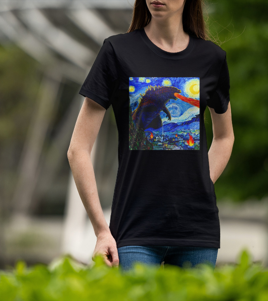 Godzilla Van Gogh Starry Night Mashup Scene T-Shirt